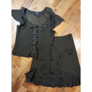 Chaps 2pc. Polka dots chiffon ruffled skirt set blouse top Ralph Lauren L